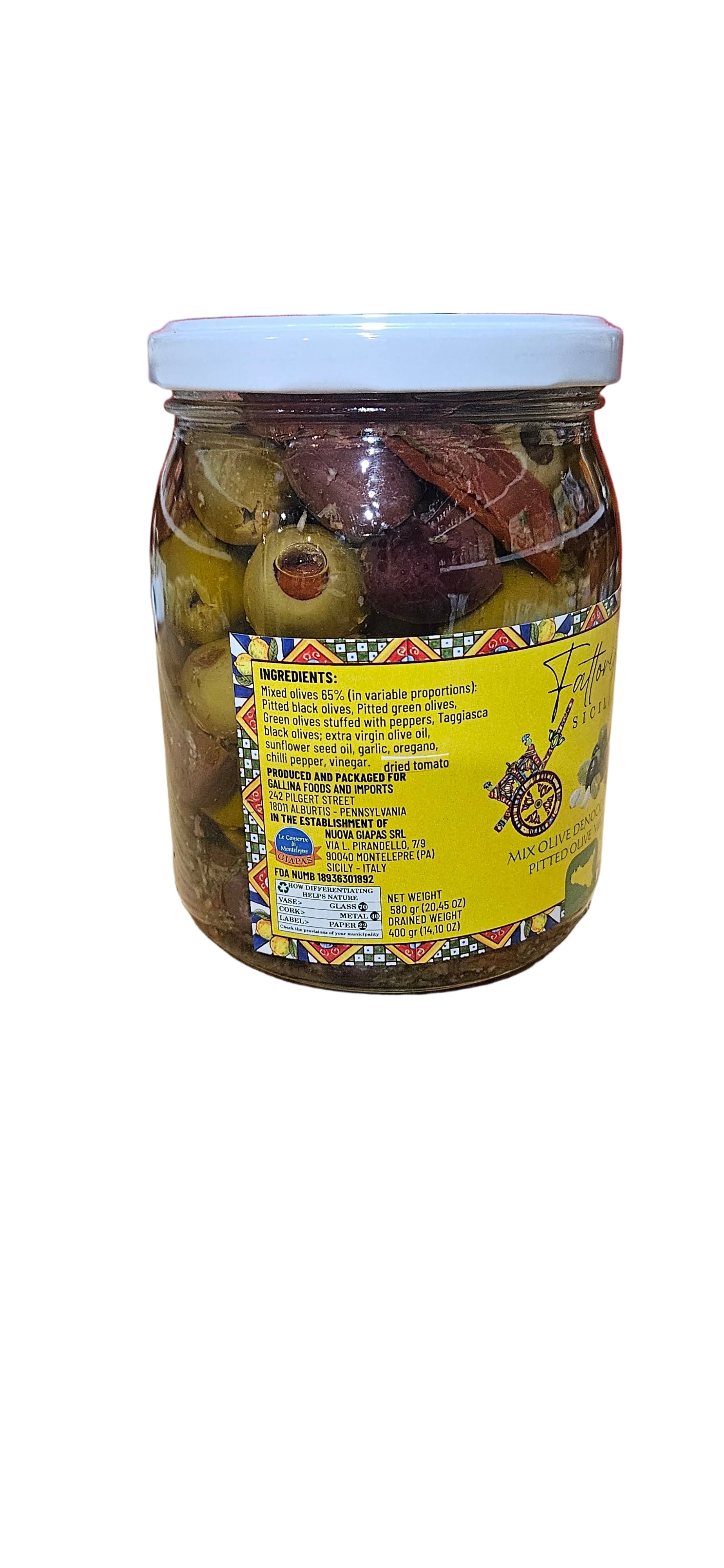 Fattoria Siciliana mixed pitted olives  medley 580 gr / drain weght 400gr