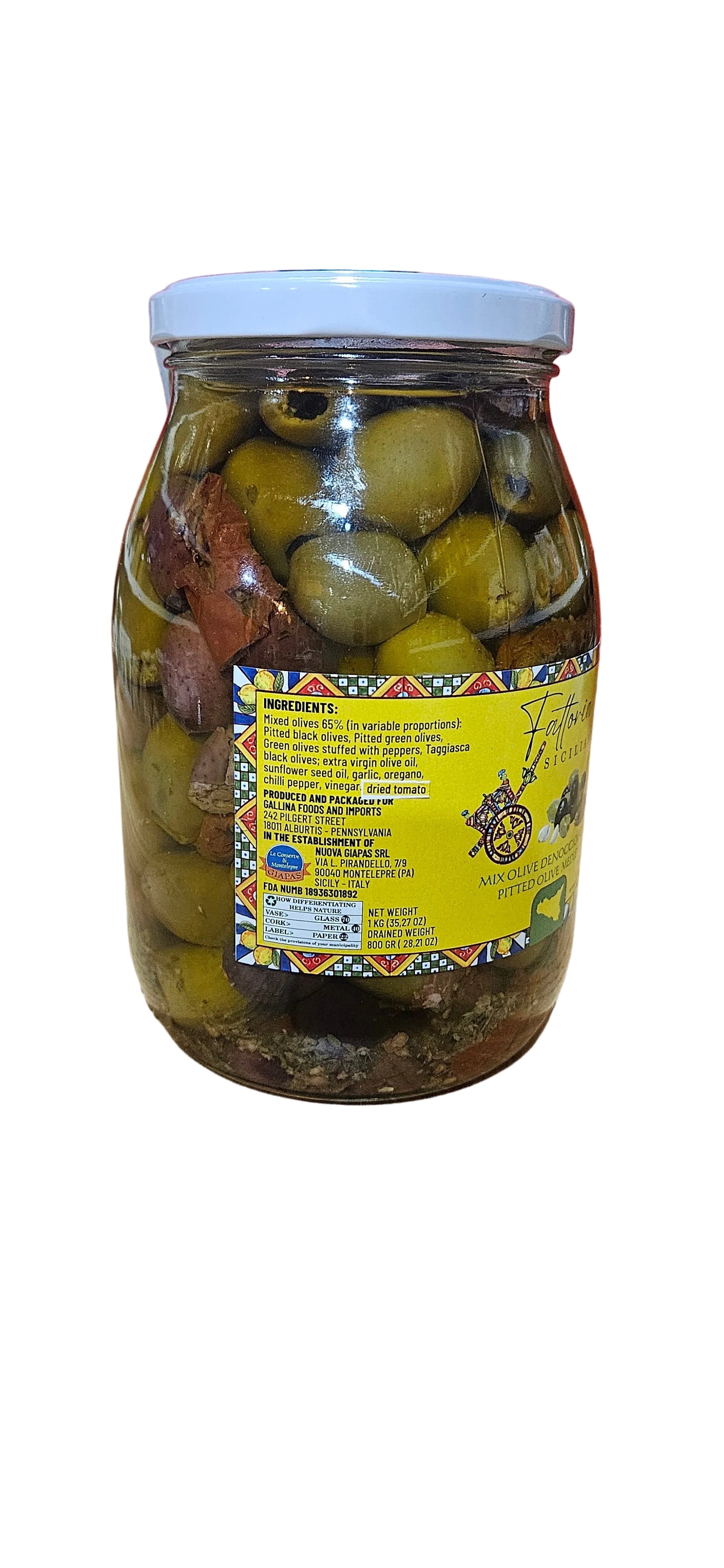 Fattoria Siciliana mixed pitted olives medley in oil 1kg/ drain weght 800gr