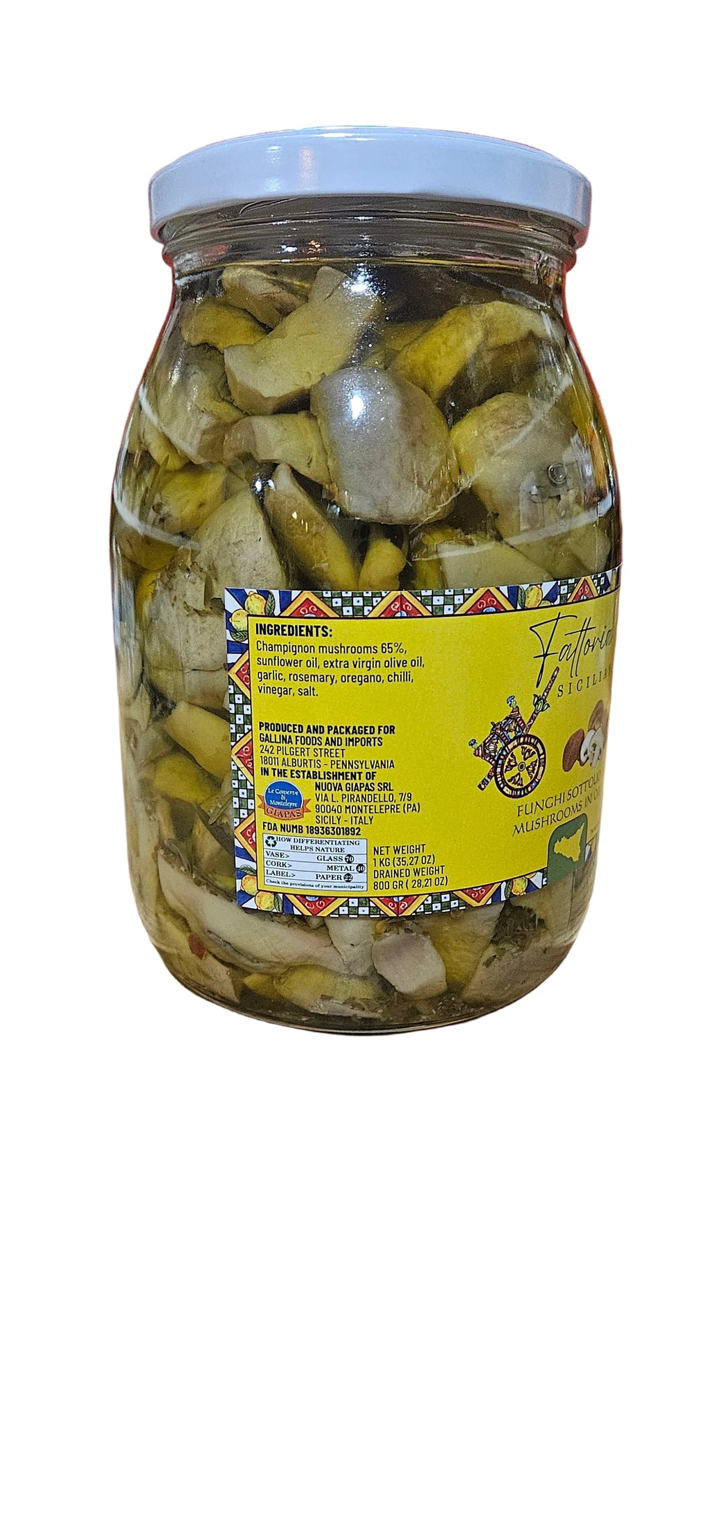 Fattoria Siciliana  "Mushrooms champignon in oil 1kg , 800gr drain weght